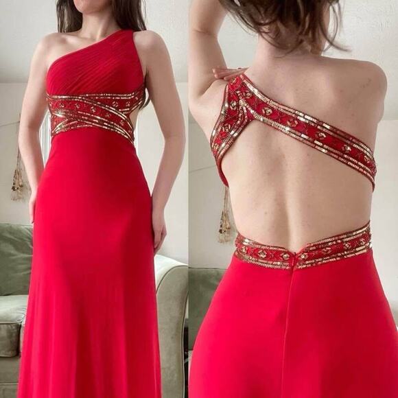 Betsy & Adam Size 2 Neon Orange/Coral/Red One Shoulder Prom Formal Gown - Picture 1 of 10